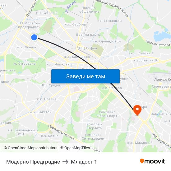 Модерно Предградие to Младост 1 map