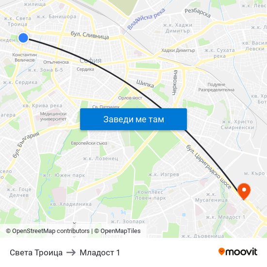 Света Троица to Младост 1 map