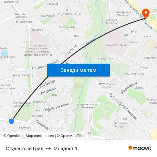 Студентски Град to Младост 1 map