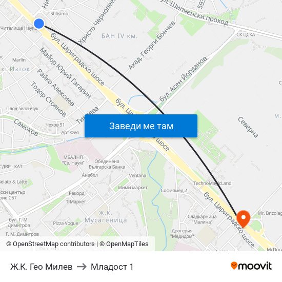 Ж.К. Гео Милев to Младост 1 map