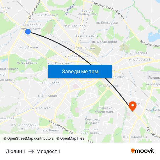 Люлин 1 to Младост 1 map