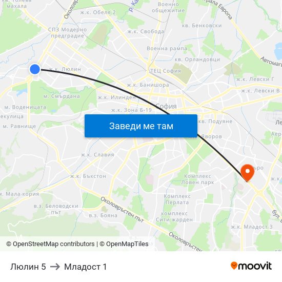 Люлин 5 to Младост 1 map