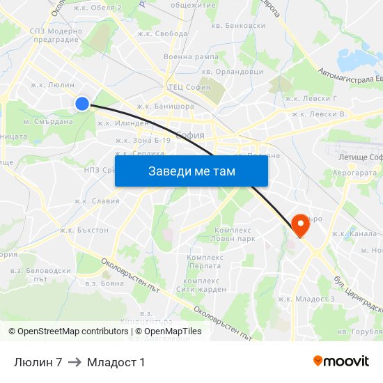 Люлин 7 to Младост 1 map