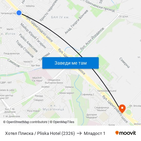Хотел Плиска / Pliska Hotel (2326) to Младост 1 map