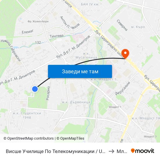 Висше Училище По Телекомуникации / University Of Telecommunications And Post (1397) to Младост 1 map