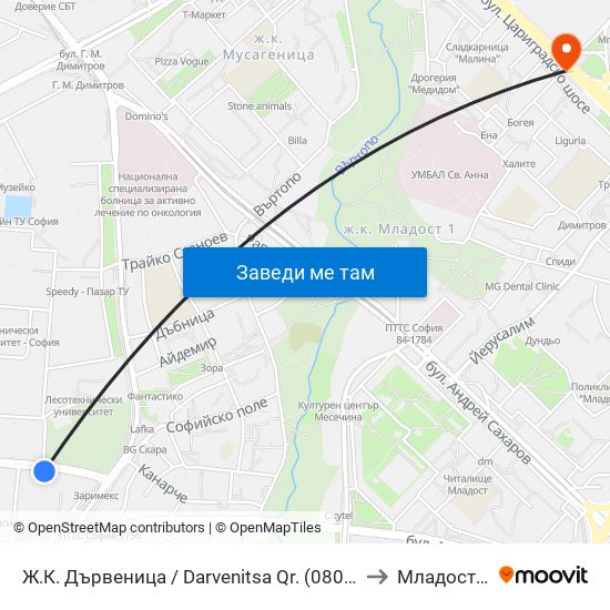 Ж.К. Дървеница / Darvenitsa Qr. (0801) to Младост 1 map