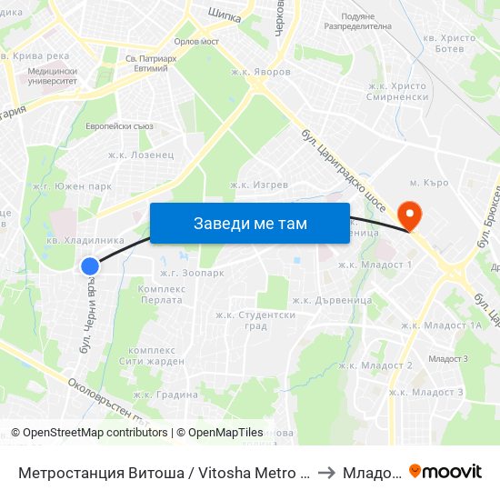 Метростанция Витоша / Vitosha Metro Station (2756) to Младост 1 map