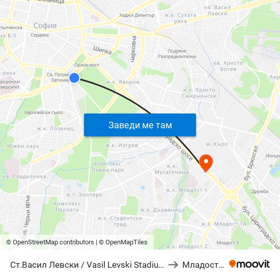 Ст.Васил Левски / Vasil Levski Stadium to Младост 1 map