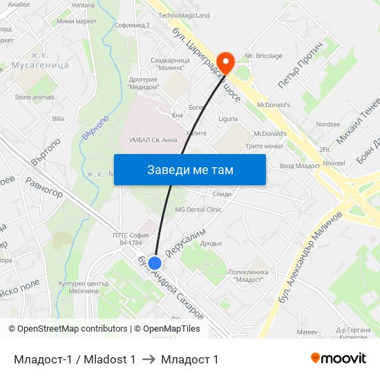 Младост-1 / Mladost 1 to Младост 1 map