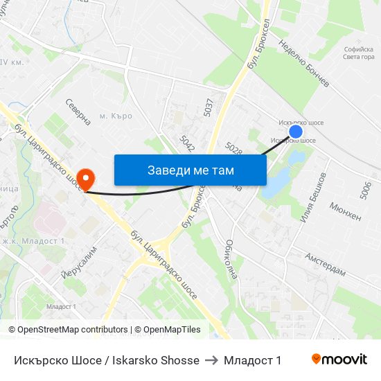 Искърско Шосе / Iskarsko Shosse to Младост 1 map