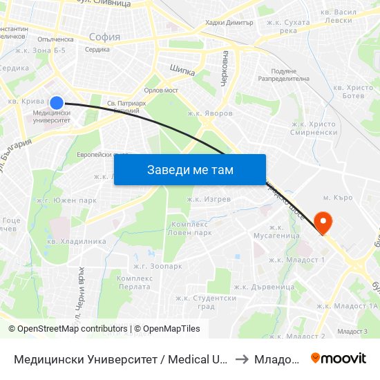 Медицински Университет / Medical University to Младост 1 map