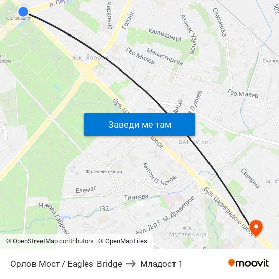 Орлов Мост / Eagles' Bridge to Младост 1 map