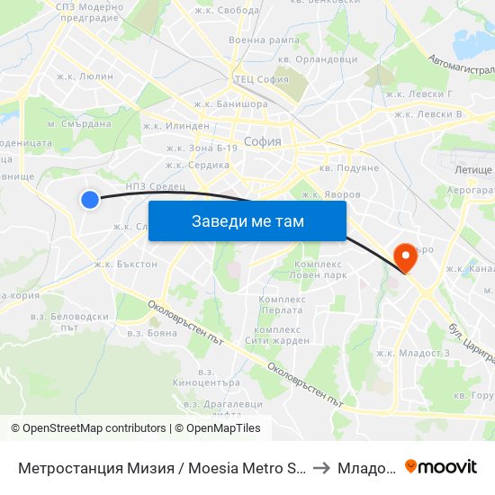 Метростанция Мизия / Moesia Metro Station (6089) to Младост 1 map