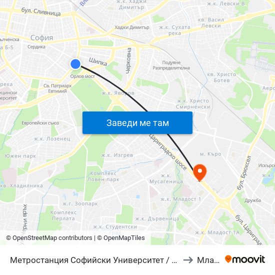 Метростанция Софийски Университет / Sofia University Metro Station (2827) to Младост 1 map