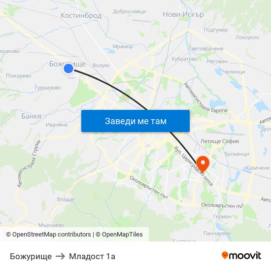 Божурище to Младост 1а map