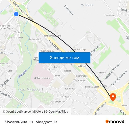 Мусагеница to Младост 1а map