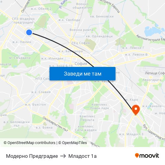 Модерно Предградие to Младост 1а map