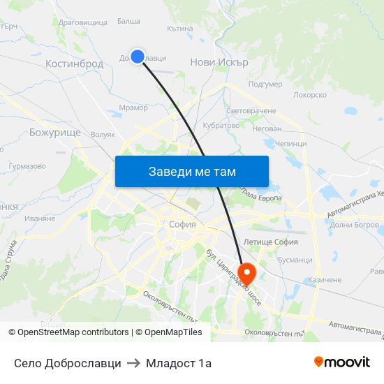 Село Доброславци to Младост 1а map