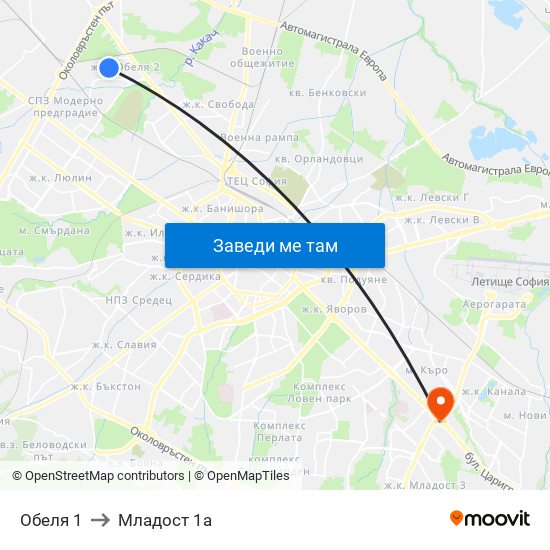 Обеля 1 to Младост 1а map