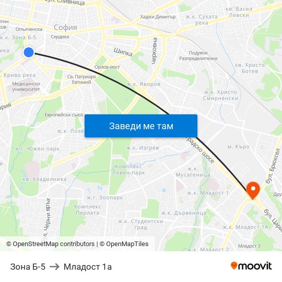 Зона Б-5 to Младост 1а map