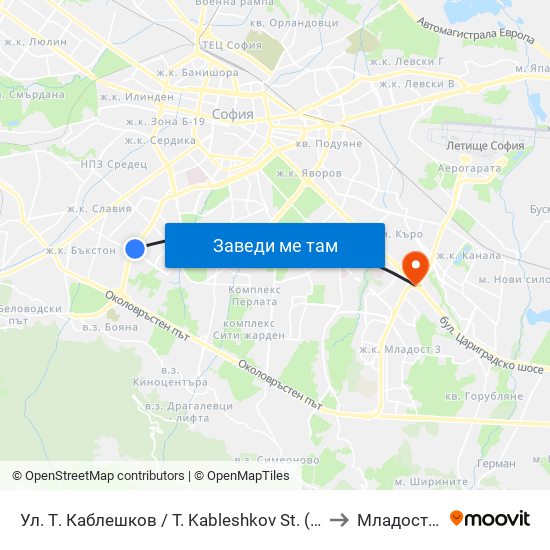 Ул. Т. Каблешков / T. Kableshkov St. (2213) to Младост 1а map