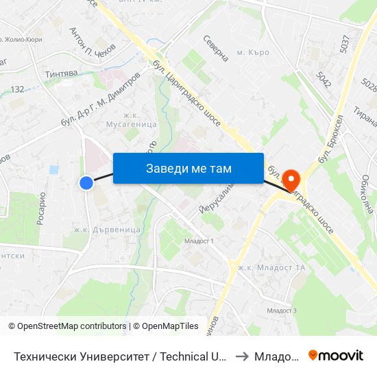 Технически Университет / Technical University (1743) to Младост 1а map