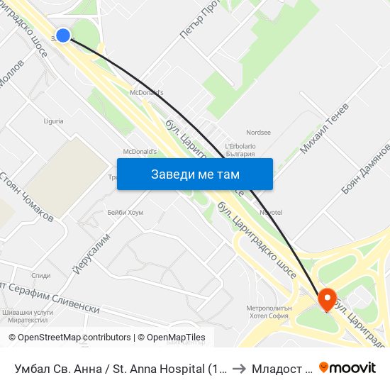Умбал Св. Анна / St. Anna Hospital (1196) to Младост 1а map