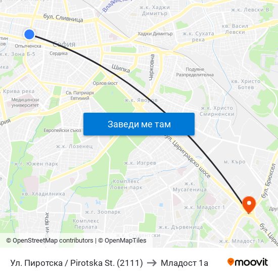 Ул. Пиротска / Pirotska St. (2111) to Младост 1а map