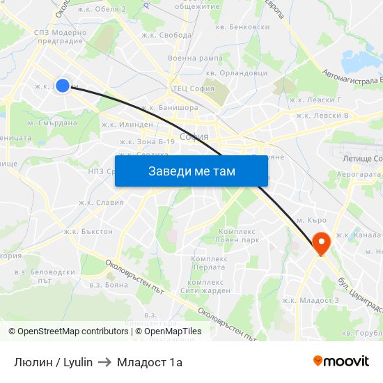 Люлин / Lyulin to Младост 1а map