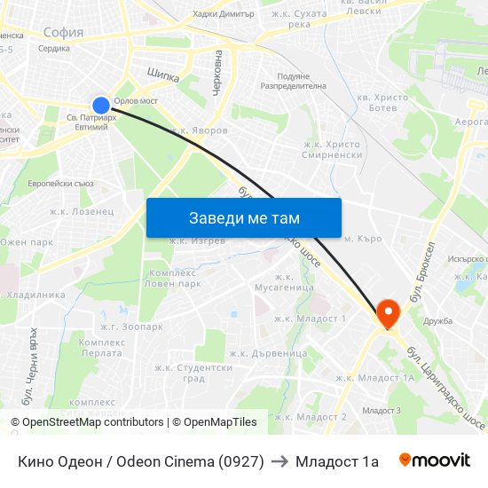 Кино Одеон / Odeon Cinema (0927) to Младост 1а map