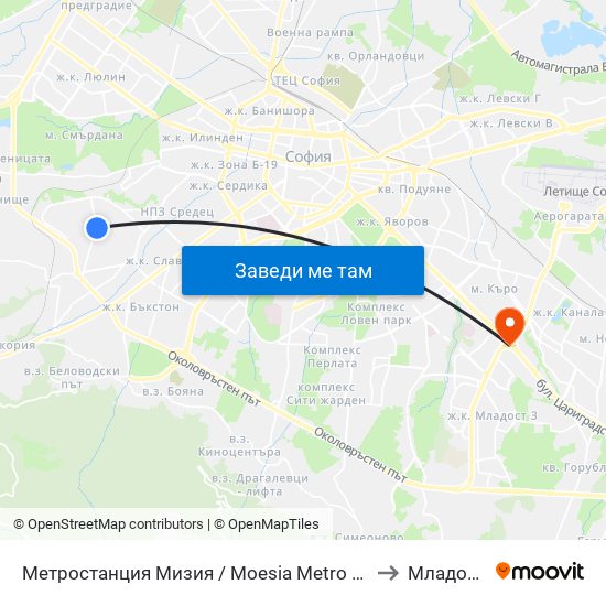 Метростанция Мизия / Moesia Metro Station (6089) to Младост 1а map