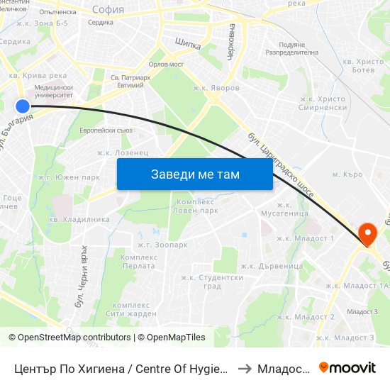 Център По Хигиена / Centre Of Hygiene (2343) to Младост 1а map