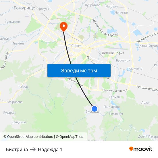 Бистрица to Надежда 1 map