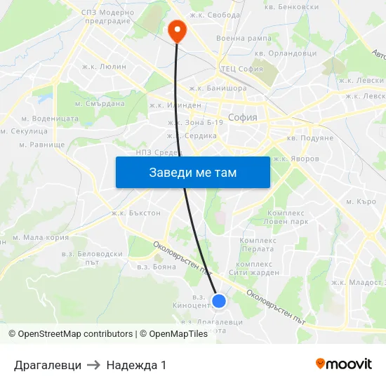 Драгалевци to Надежда 1 map