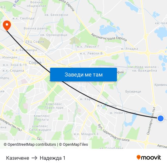 Казичене to Надежда 1 map