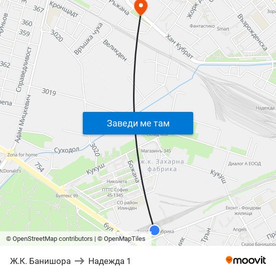 Ж.К. Банишора to Надежда 1 map