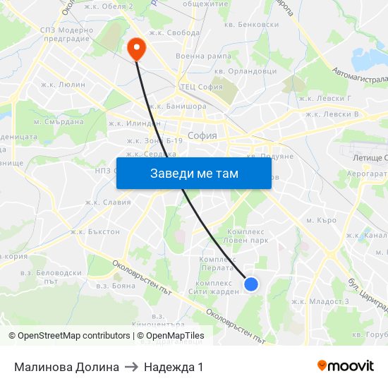 Малинова Долина to Надежда 1 map