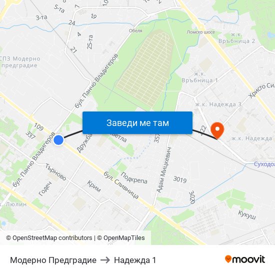 Модерно Предградие to Надежда 1 map