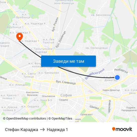 Стефан Караджа to Надежда 1 map