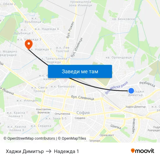 Хаджи Димитър to Надежда 1 map
