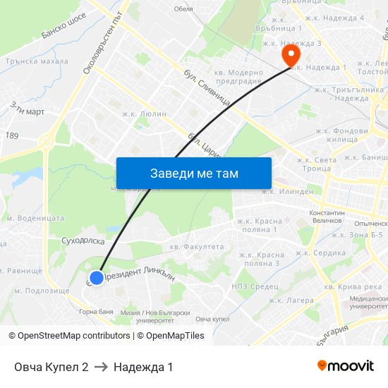 Овча Купел 2 to Надежда 1 map