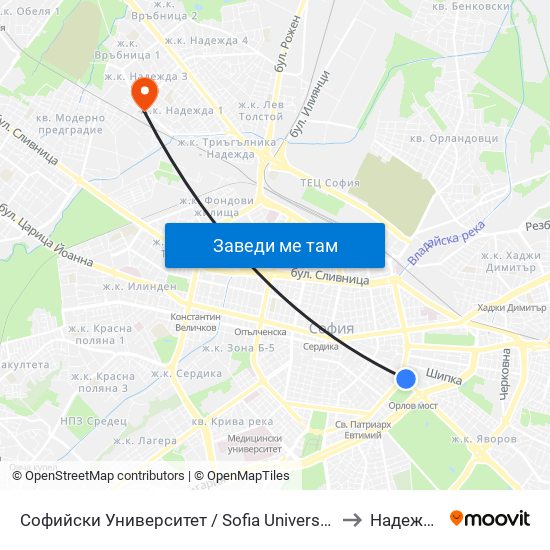 Софийски Университет / Sofia University (1700) to Надежда 1 map