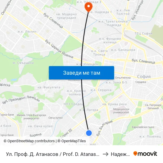Ул. Проф. Д. Атанасов / Prof. D. Atanasov St. (2134) to Надежда 1 map