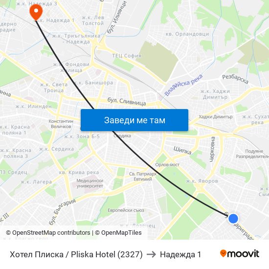 Хотел Плиска / Pliska Hotel (2327) to Надежда 1 map