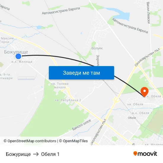 Божурище to Обеля 1 map