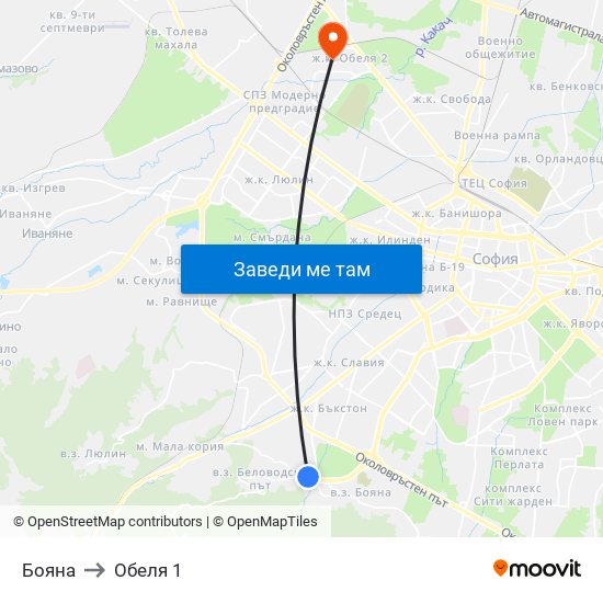 Бояна to Обеля 1 map