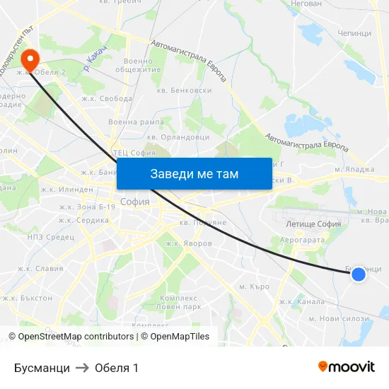 Бусманци to Обеля 1 map
