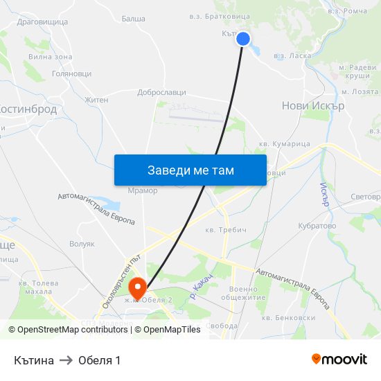 Кътина to Обеля 1 map