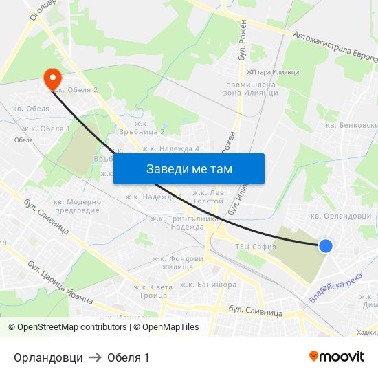 Орландовци to Обеля 1 map
