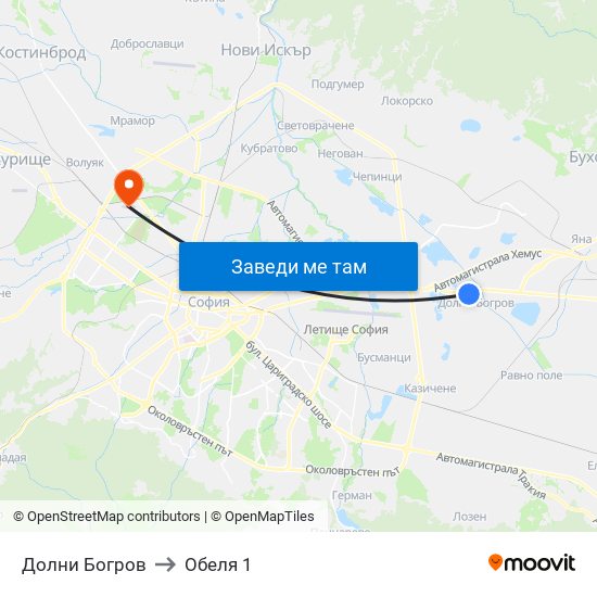 Долни Богров to Обеля 1 map